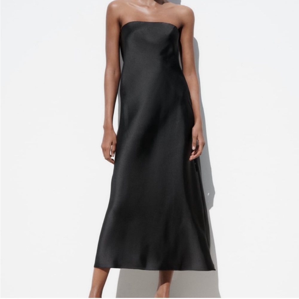 Zara Satin Effect Black Strapless Midi Dress